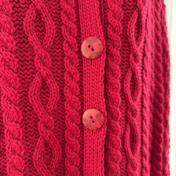 Aran Crafts Long Cardigan Sweater Womens L Red Wool Cable Knit Ireland Fisherman - Picture 5 of 16